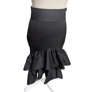 Black Midi Skirt Ruffled High Low hem party salsa dancing club sz M stretch